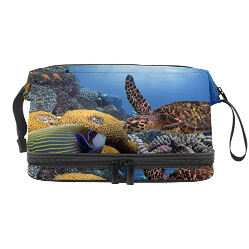 Make-up-Tasche, große Kapazität, Reise-Kosmetiktasche, buntes Korallenriff, Meeresschildkrötenfische, 2 Stück, Mehrfarbig, 27x15x14 cm/10.6x5.9x5.5 in