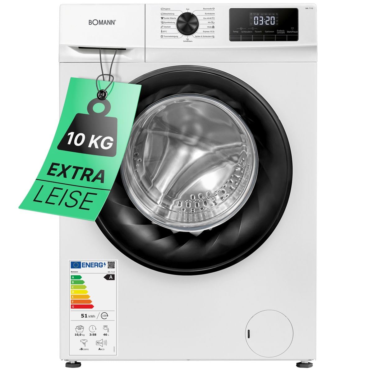 Bomann® Waschmaschine 10kg | max. 1400 U/min | 10 Jahre Motor-Garantie | effizienter, leiser & langlebiger Invertermotor | 15 Programme | Endzeitvorwahl | LED-Display | Washing Machine WA 7110