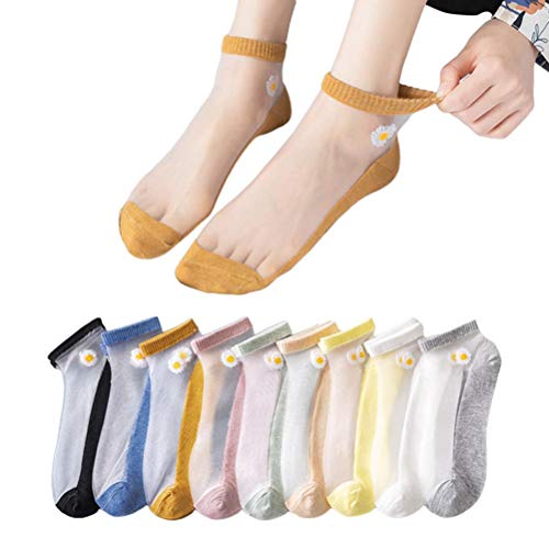 Yoohh Strümpfe Damen Casual Socken, 10 Paar Damensocken den Sommer, ultradünn, transparent, Glasfaser, Seide, Socken, atmungsaktiv, Blumen-Knöchelsocken