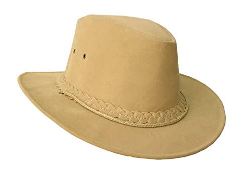 Outdoor Sonnen Sommer-Hut in Wildleder-Optik mit Kinnband inklusive 6,5cm breite gebogene Krempe kühlend im Sommer wasserfest und wassertauglich für Herren, Damen und Kinder- hoher UV Schutz