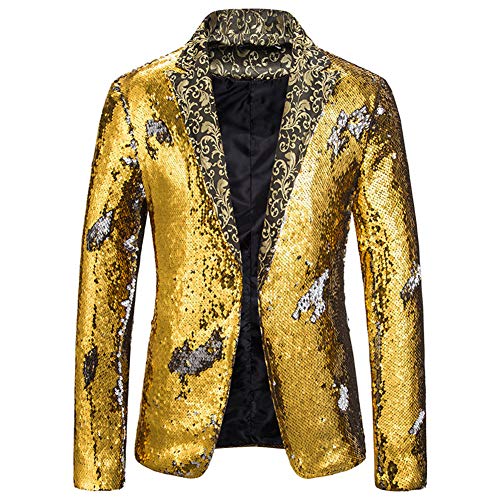 DaiHan Herren Sakko Blazer Anzugjacke Freizeit Pailletten Glitter Smokingjacke Anzug Jacke Karneval Kostüm für Hochzeit Party Festlich Gold XL