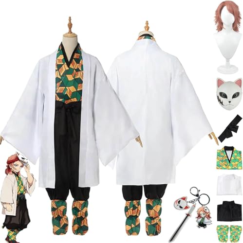 WOLWES Anime Sabito Cosplay Kostüm Outfit Dämonentöter Kamado Tanjirou Kimono Umhang Perücke Maske Schlüsselanhänger Komplettset Halloween Karneval Party Dress Up Anzug für Männer Jungen