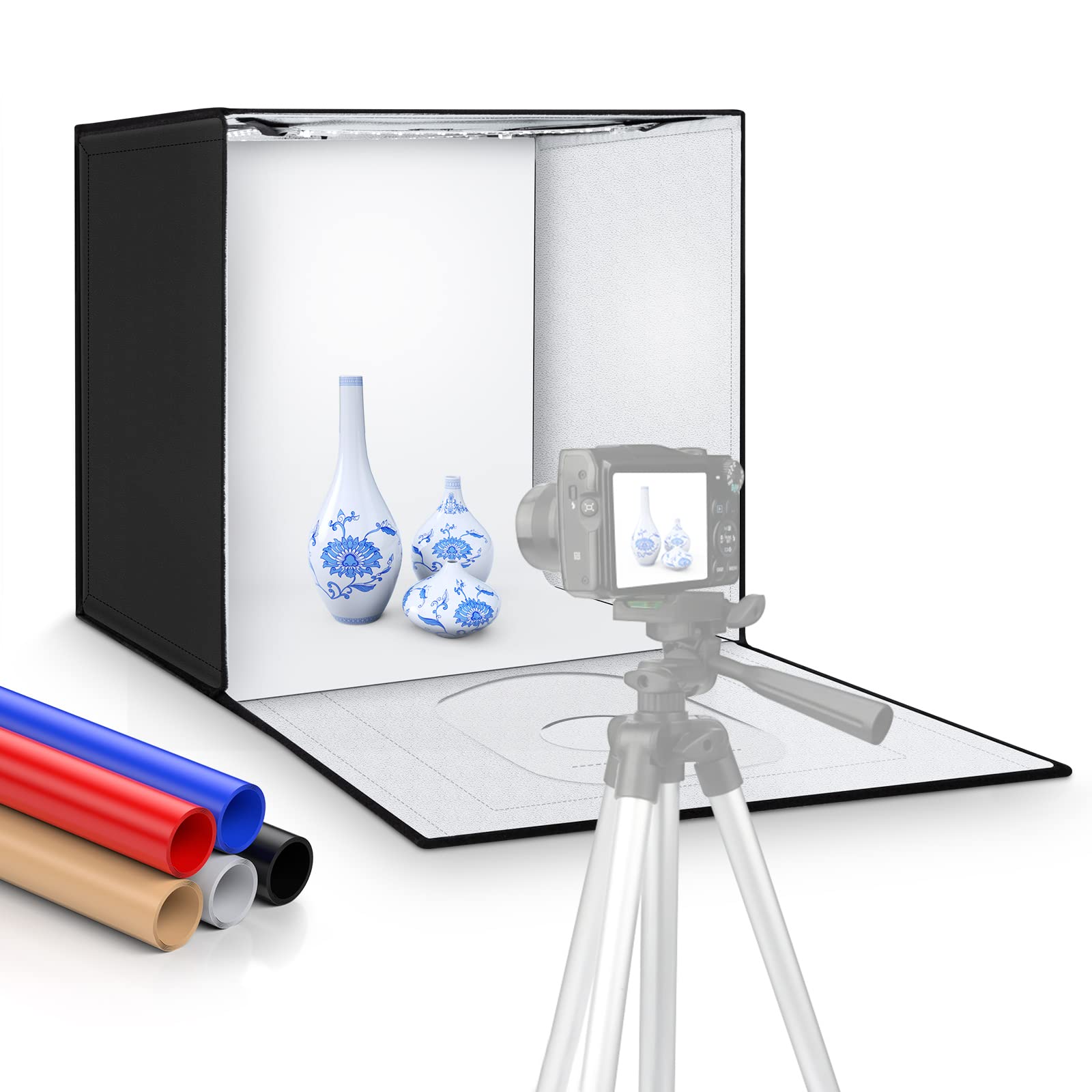OMBAR Fotostudio, 60x60x60cm dimmbare Faltbare Lichtzelt professionelle Fotobox Kit 240pcs LED Beleuchtung mit 5 Hintergründe