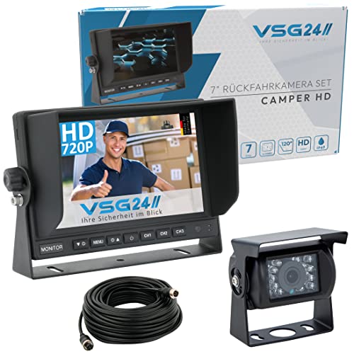 VSG24 Rückfahrkamera 7" HD Starter-Set inkl. Kamera, Monitor, Kabel - Wasserdicht Nachtsicht 12V-24V Einfache Montage / Robustes Rückfahrsystem für Auto Wohnwagen LKW Anhänger Wohnmobile Einparkhilfe