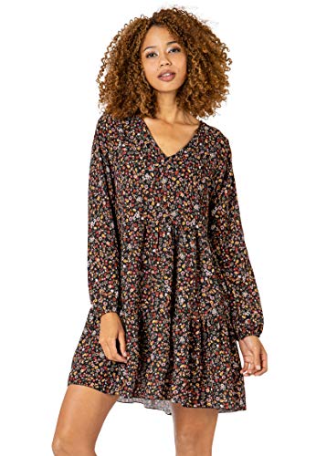 Sublevel Damen Herbst Kleid mit Blumen-Muster Langarm Black M/L