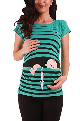Baby Flucht - Lustige witzige süße Umstandsmode mit Motiv für die Schwangerschaft Umstandsshirt T-Shirt Schwangerschaftsshirt, Kurzarm (Mint, Large)