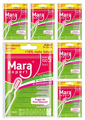 MARA EXPERT Interdentalbürsten Grün von | 0,8 mm ISO 5 breit | 6 x 14 (=84) Interdentalbürsten | Ideal für feste Zahnspange | Mit Fluorid, Chlorhexidin und Minzbeschichtung, Für frischen Atem