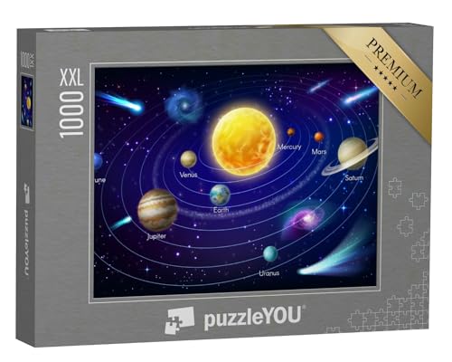 Puzzle 1000 Teile XXL „Sonnensystem-Planeten um die Sonne - Vektor-Design des Weltraums und der Astronomie“