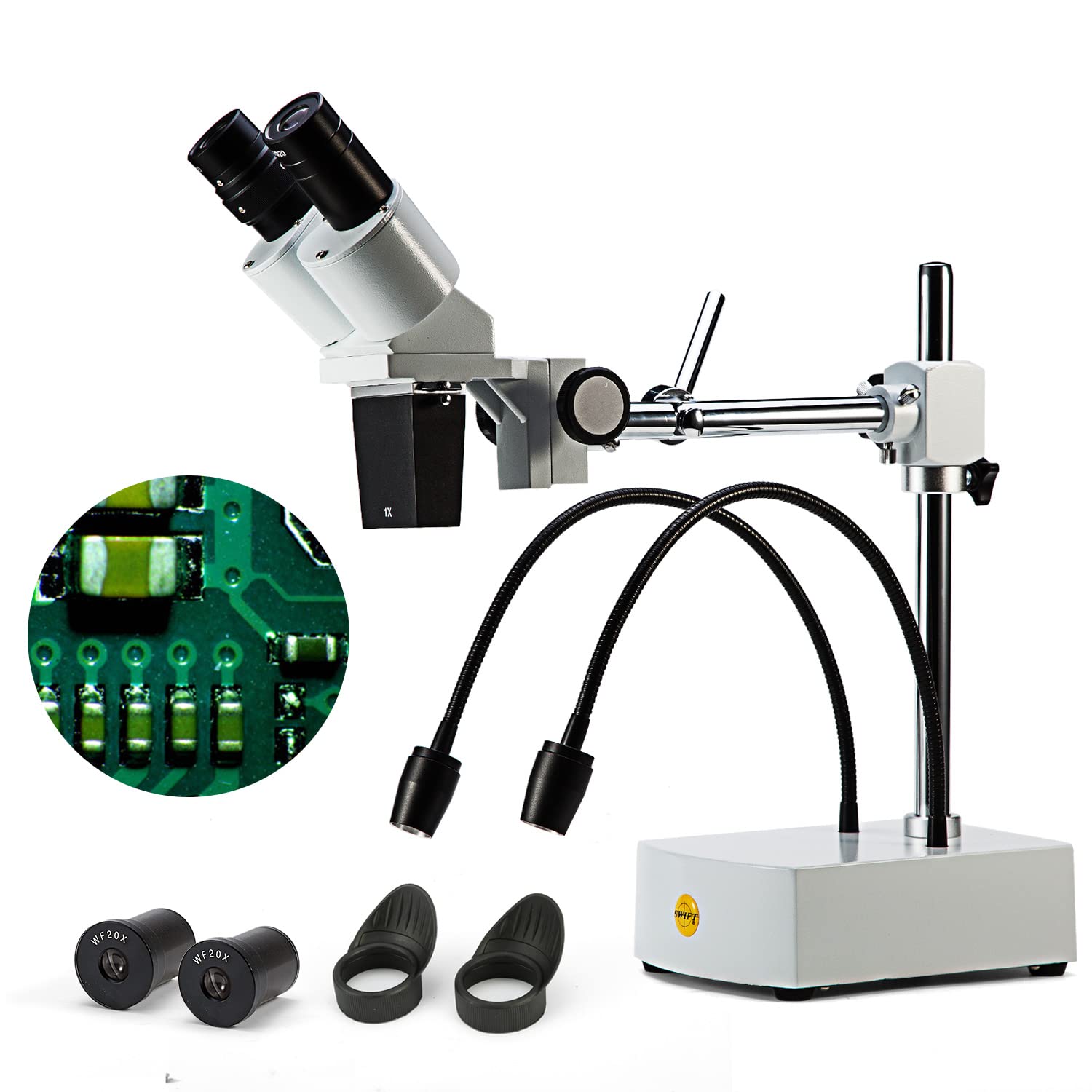 SWIFT Optical Professionelles Niveau 10X / 20X-Vergrößerung Binokulares Stereo-Mikroskop mit Weitwinkel 10X und 20X Okularen, 2 Flexible LED-Licht, Schwenkbarem Auslegerarm, und Kamerakompatibilität