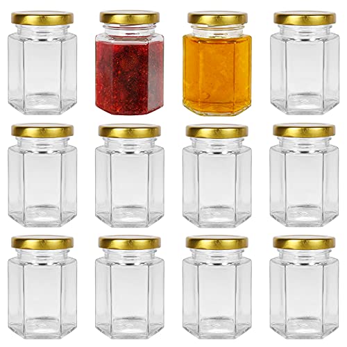 Yishik Sechseckige Glasdosen mit goldfarbenem Deckel, 12 Stück für Marmelade, Gewürze, Süßigkeiten, Babynahrung, Hochzeitsgeschenke oder zum Basteln