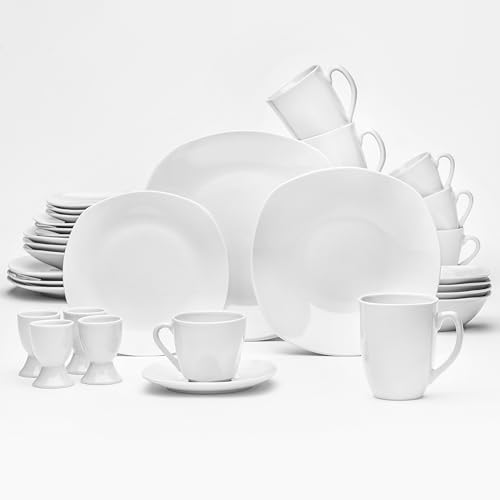 van Well Altea Geschirrset für 4 Personen – 32-teiliges klassisches Porzellan Kombi-Service in Weiß – Geschirr Set mit eckiger Form, weiß für die perfekte gedeckte Tafel