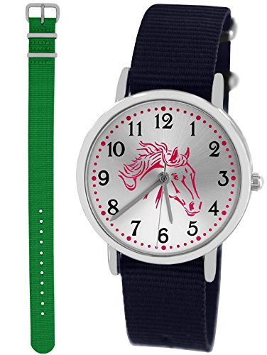 Pacific Time Kinder-Armbanduhr Mädchen Jungen Pferd 2 x Schnellwechsel Textilarmband Analog Quarz Sport Blau grün 10022