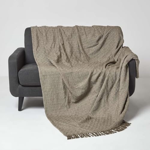 HOMESCAPES Malda Tagesdecke braun 225x255 cm, große Baumwolldecke Rauten mit Fransen, Überwurf für Sofa oder Bett