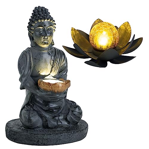 etc-shop Solarleuchte Buddha Feng Shui Außen Solarblume Aussen Lotusblume Solar Crackle Glas, grau, LED Leuchtmittel, 1x Lotus 1x Buddha, 2er Set