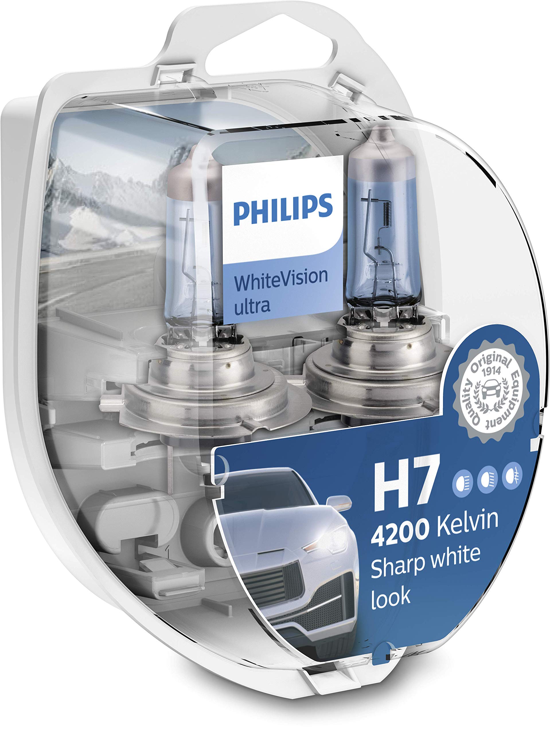 Philips Halogen, WhiteVision ultra H7 Scheinwerferlampe, 4.200K, Doppelset, Weiß