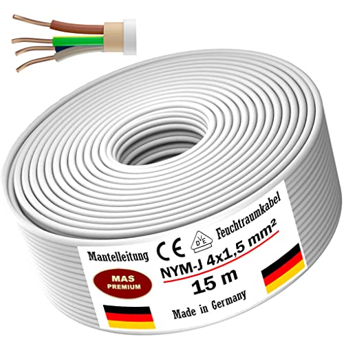 Feuchtraumkabel Stromkabel 5, 10, 15, 20, 25, 30, 35, 40, 50, 75, 80 oder 100m Mantelleitung NYM-J 4x1,5 mm² Elektrokabel Ring für feste Verlegung (15m)