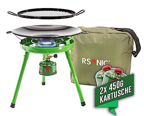 Rsonic Stand Gasgrill mit Kartuschen Dreibein Camping Gaskocher mit WOK und Grillplatte | Campingkocher Gasherd mit Tasche (2x 450g Kartusche)