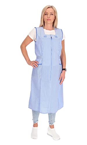 Reißverschluss Kittel gestreift Hauskleid Baumwolle Schürze Kochschürze, Farbe:blau, Größe:48