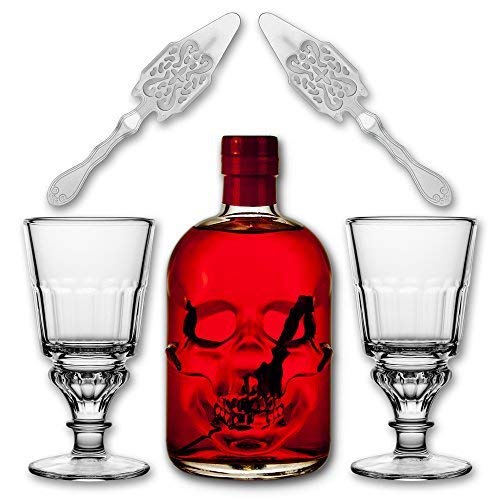 Red Chili Head Absinthe 0,5l + 2x Absinth Glas Pontarlier + 2x Absinth Löffel Antique