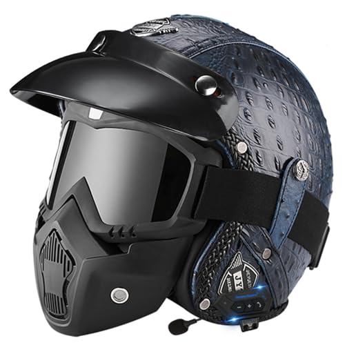Motorradhelm Leder Bluetooth Jethelm Mit Brille Offener Helm Für Erwachsene Männer Und Frauen Straßenrennen Motorrad Cruiser DOT/ECE-Geprüft 4,XL