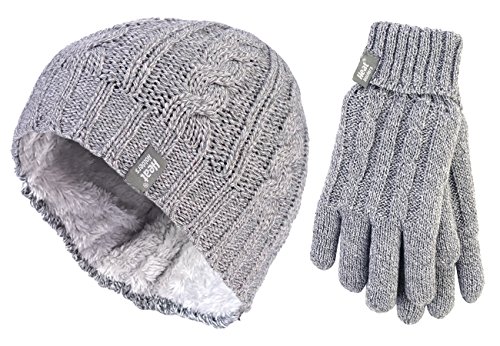 HEAT HOLDERS - Damen Mütze und Handschuh-Set für Winter | Extra Warm Beanie und Mütze mit Fleece Gefüttert (M-L, Hellgrau)