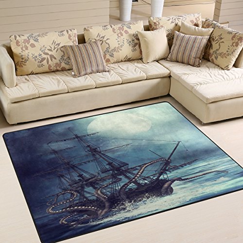 Use7 Ocean Moon Night Piratenschiff Octopus Kraken Fisch Bereich Teppich für Wohnzimmer Schlafzimmer 160 cm x 122 cm