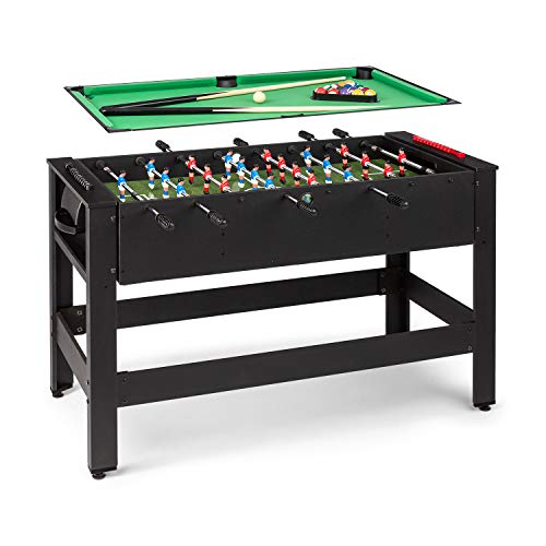 Klarfit Spin 2-in-1 Multifunktionstisch, Billardtisch 105 x 58 cm/grüne Bespannung, Tischkicker inklusive Spielzubehör, Spin-Funktion: drehbarer Tischl, schwarz