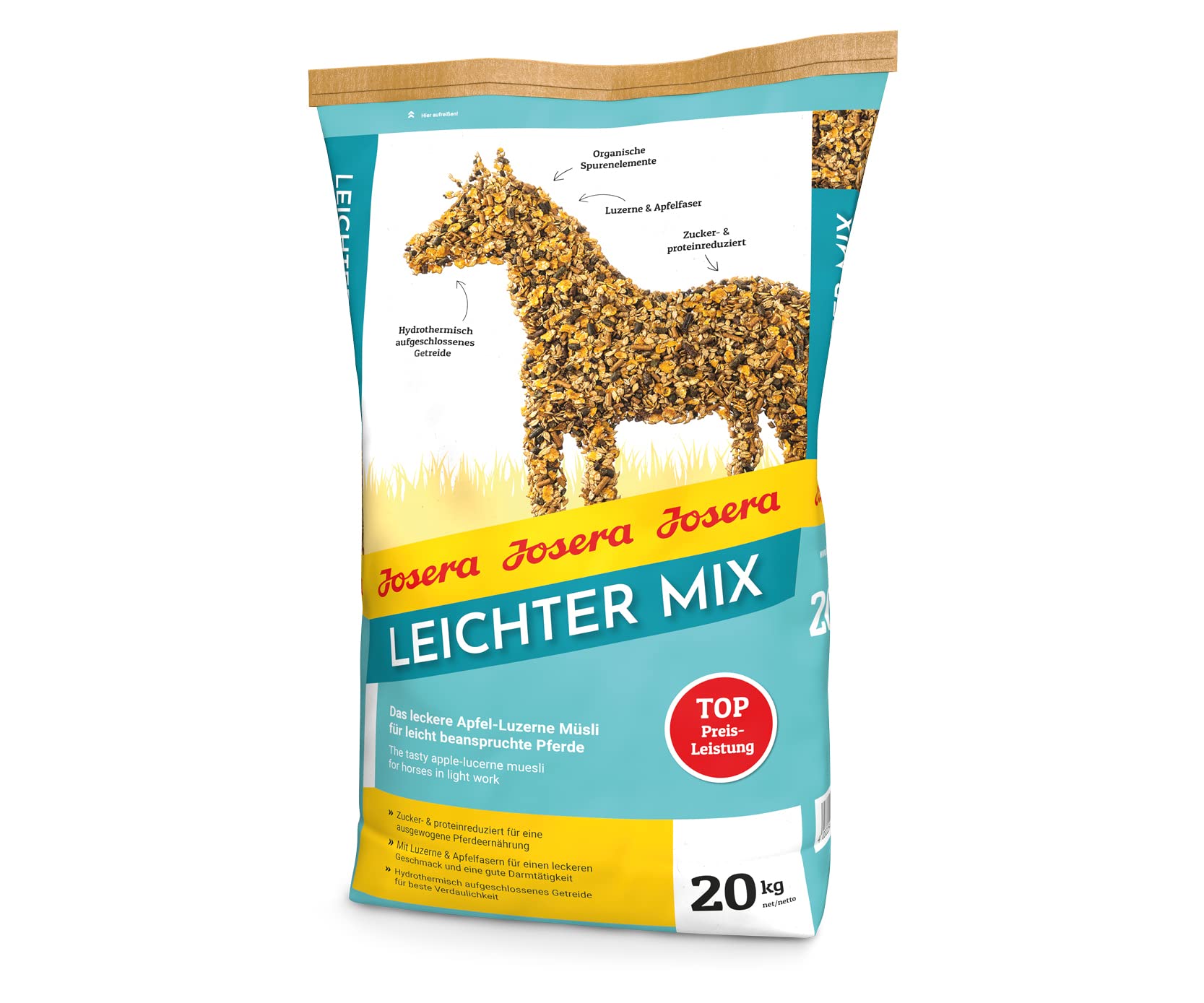 JOSERA Leichter Mix (1 x 20 kg) | Premium Pferdefutter für leicht beanspruchte Pferde | Pferdefutter light | Zucker- & proteinreduziert |Apfel-Luzerne Müsli | 1er Pack