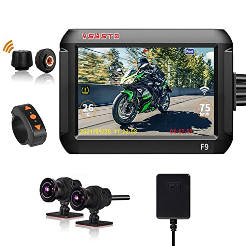 VSYSTO Motorrad Dash Cam Reifendrucküberwachungssystem Parküberwachung Dual 1080P Front- und Rückkameras 4,0 Zoll Display Wi-Fi, GPS Wasserdicht und Nachtsicht Split Screen Display