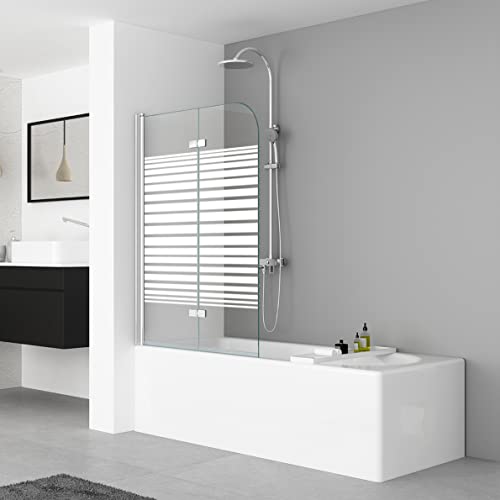 IMPTS 120x140cm Duschwand für Badewanne 2 TLG. Faltwand Duschtrennwand mit Milchglas Streifen Badewannenaufsatz Duschabtrennung 6mm ESG-Sicherheitsglas teilsatiniert, inkl. Nanobeschichtung