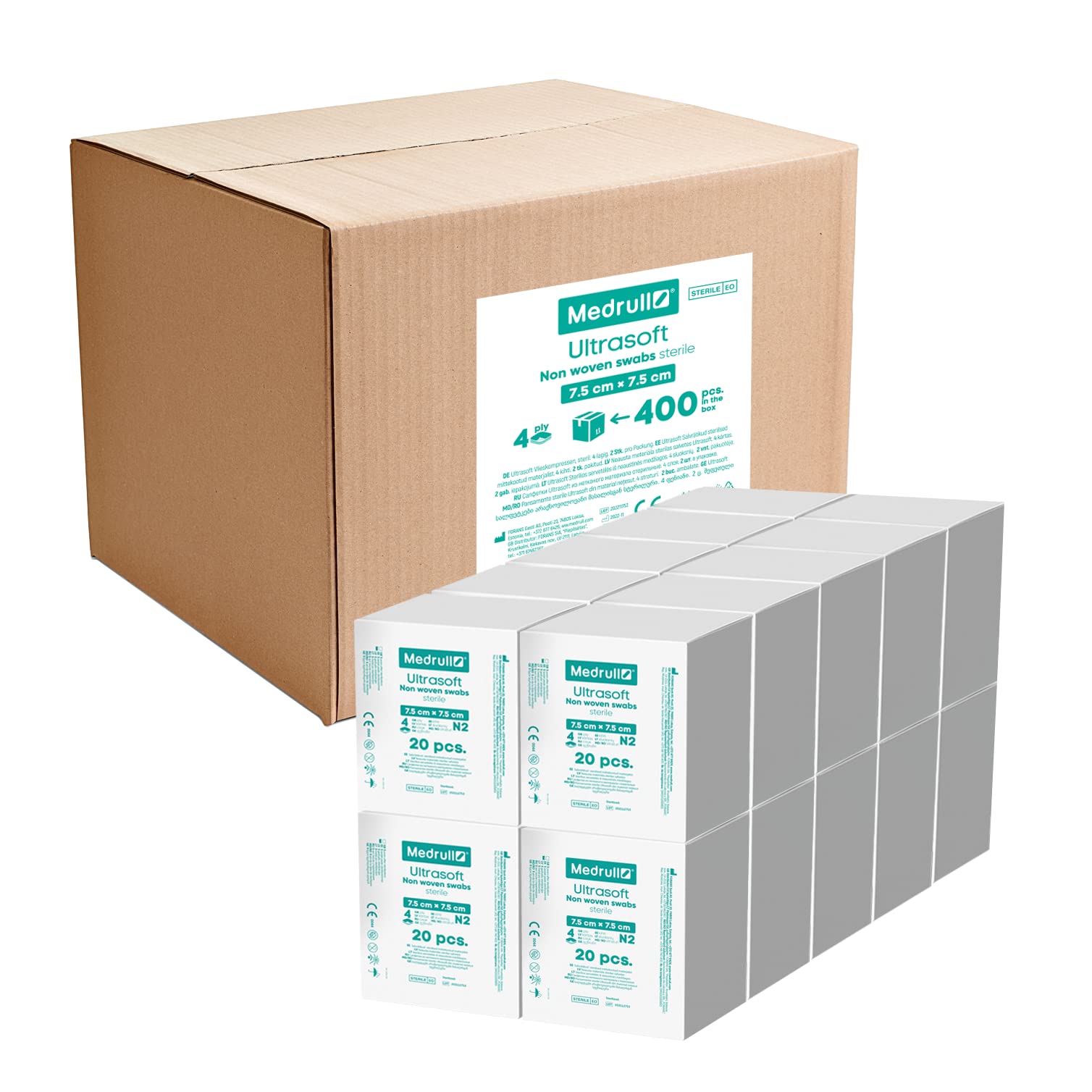 Medrull Kompressen nicht gewebt STERIL ULTRASOFT - 4-lagig- 7.5cm x 7.5cm - Verpackt 2 Stück - 20 Papierbeuteln (40 Stück) x 20 boxen