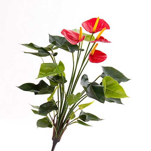 artplants.de Deko Anthurium Busch Lorie, 23 Blätter, 4 Blüten, rot, Steckstab, Deluxe, 55cm - Kunstpflanze Flamingoblume