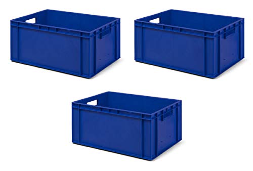 3 Stk. Transport-Stapelkasten TK627-0, blau, 600x400x270 mm (LxBxH), aus PP, Volumen: 51 Liter, Traglast: 50 kg, lebensmittelecht, made in Germany, Industriequalität