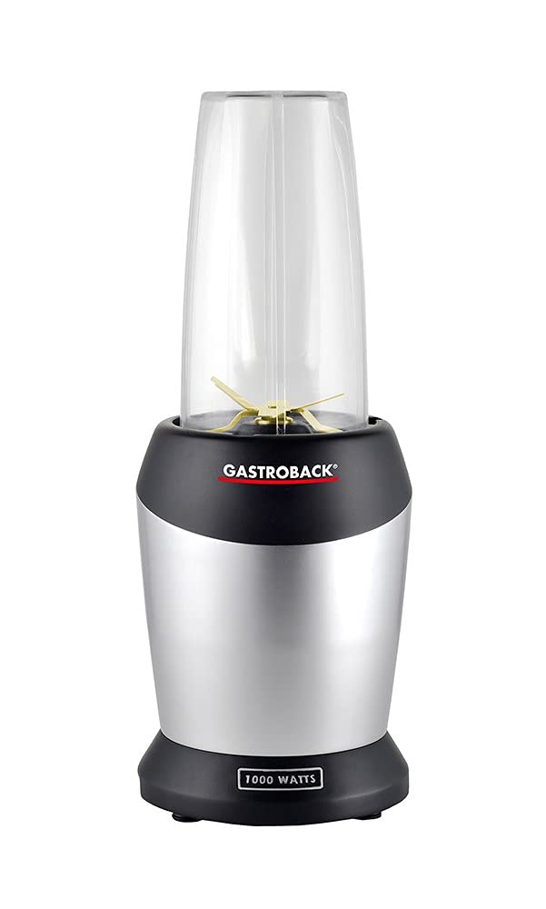 Gastroback 41029 Design Micro Blender, Smoothie-Maker, Standmixer inkl. 2 Mixbecher und to go-Verschluss, Edelstahl, 1 Liter, silber