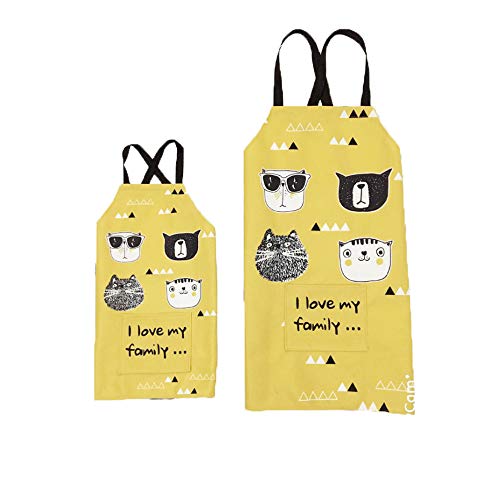 Schürzen Mutter & Tochter Geschenke mit Taschen Küchen-Backen-Painting Baumwolle Gelb mit Cut Cat Prints für Erwachsene & Kinder Kochen Backen Malen Garten