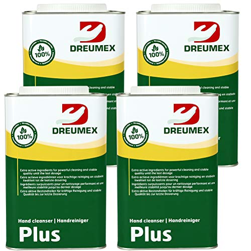DREUMEX Plus, lösungsmittelfreie HANDWASCHGEL, 4 Dosen A 4.2 kg, Ideal zum entfernen von Fett, Schmiere, Diesel, Bremsflüssigkeit, Zement und Rost