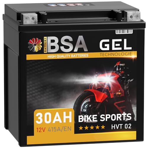 BSA HVT-02 GEL Roller Batterie 12V 30Ah 415A/EN Motorradbatterie doppelte Lebensdauer entspricht YB30L-B YIX30L-BS 53040 vorgeladen auslaufsicher wartungsfrei ersetzt 32Ah 30Ah