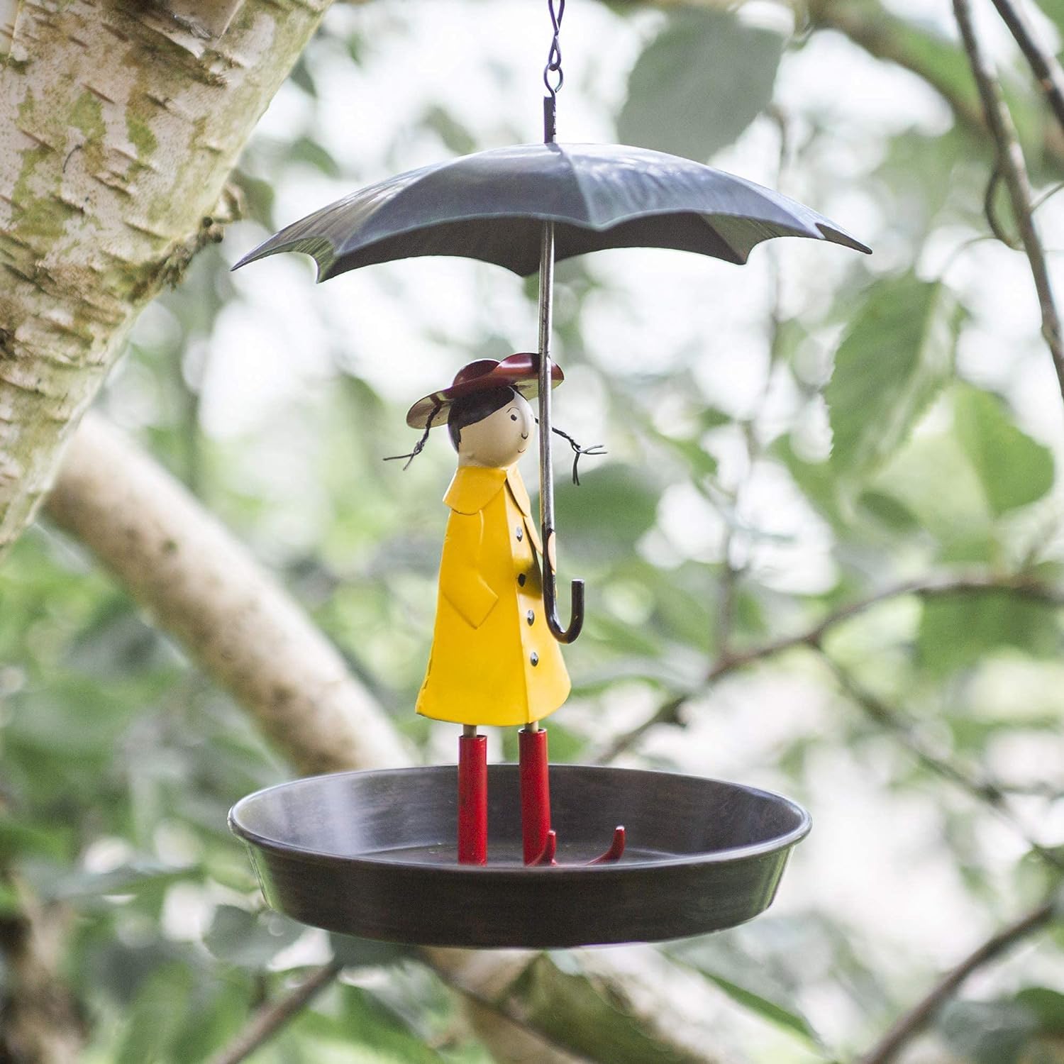 Garden Mile Vogelfutterstation Mädchen mit Regenschirm Vogelstation Metall Hängende Kette und Haken Futterspender für Wildgartenvögel Antik Stil Ideal für Bäume Sträucher