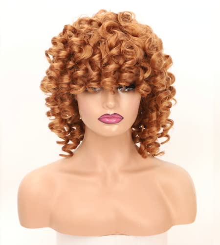 Afro Wig Curly with Bangs Short Kinky Curly Wigs for Black Women Ombre Brown Natural Wigs Hair Daily Fluffy Weave Cosplay Wigs Bouncy Spiral Curl Party Hairstyle