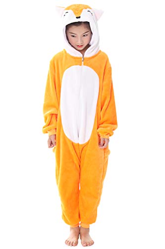 Dolamen Kinder Unisex Jumpsuits, Kostüm Tier Onesie Nachthemd Schlafanzug Kapuzenpullover Nachtwäsche Cosplay Kigurum Fastnachtskostuem Weihnachten Halloween (Höhe 130-140CM (51"-55"), Fox)