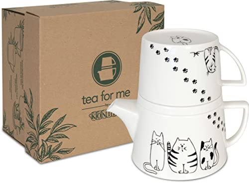 Könitz Teekanne Tea for me - Funny cats, 0,65 l, (Set, 3), Tekanne+Becher+Deckel/ Ablageschale, New Bone China-Porzellan