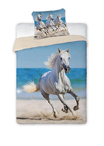 Faro Pferd weiß Horse Riding Set Bett, Bettbezug 160 x 200 Einzelbett 100% Baumwolle Bettwäsche, Mehrfarben, 200 x 160 cm
