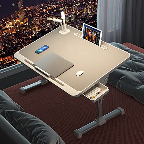 HMAKGG Laptoptisch fürs Bett, Klappbar Betttisch Grau mit Schublade & 4 USB Ladeanschluss, 0-36° Neigungswinkel, 10.6-15.7in Höhenverstellbar, Rodelfüße, Laptop Tisch für Bett, Schlitz für Tablet