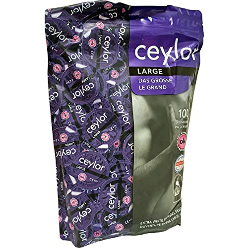 Ceylor Large 100 extraweite Kondome mit Gleitcreme, Großpackung, verpackt im hygienischen"Dösli", einfach zu öffnen, schnelleres Überziehen, Premium-Qualität aus der Schweiz