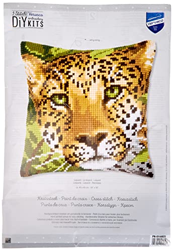 Vervaco Leopard Kreuzstichkissen/Stickkissen vorgedruckt, Baumwolle, Mehrfarbig, 40 x 40 x 0.3 cm