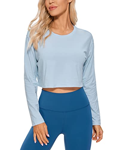 CRZ YOGA Damen Sport Langarmshirt Shirt Gym Fitness Longsleeve Crop Top Baumwolle Breathable Cropped Sweatshirt Blaues Leinen 44