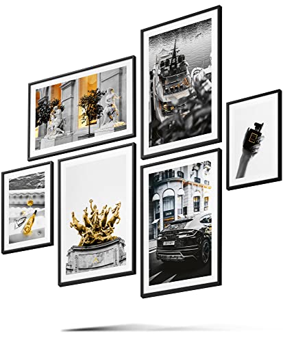 BLCKART Luxury Vibes Poster Set - Edle Wandbilder - Luxus Poster Schwarz Weiß Gold - Bilder zur Wanddekoration - Größe L 4x A3 | 2x A4