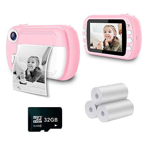 i-Paint P9 Sofortbildkamera für Kinder, B/N Druck auf Thermopapier, Kamera 1080P HD-Digitalkamera, 3,5 Zoll LCD-Display, 32 GB, Rosa