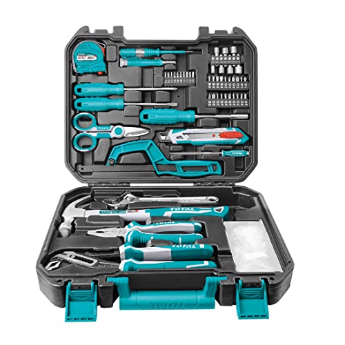 Total Tools - Werkzeugkoffer mit 130 Zubehörteilen | Zangen, Schlüssel und Schraubendreher | Flexometer, Bits und Sägebogen | Elektrikerschere
