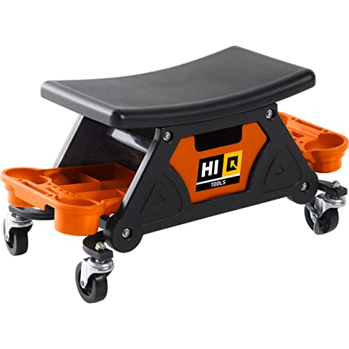 Hi-Q Tools Werkstatthocker mit Rollen bis 150kg, Rollhocker Werkstatt mit 2 Ablagefächern, fahrbarer Montagehocker und Werkstattsitz